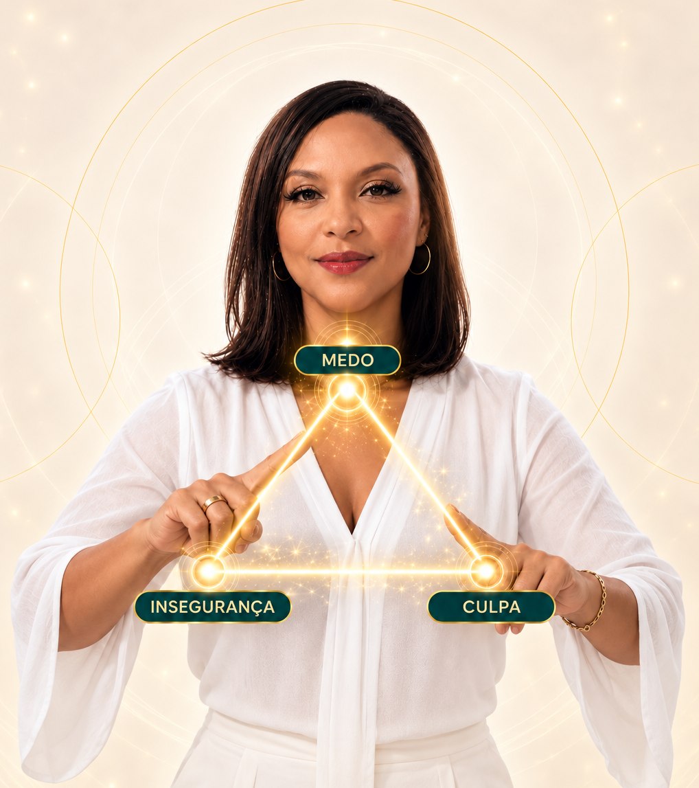 Mulher de blusa branca formando um triângulo luminoso dourado com as mãos, com os vértices Medo, Insegurança e Culpa